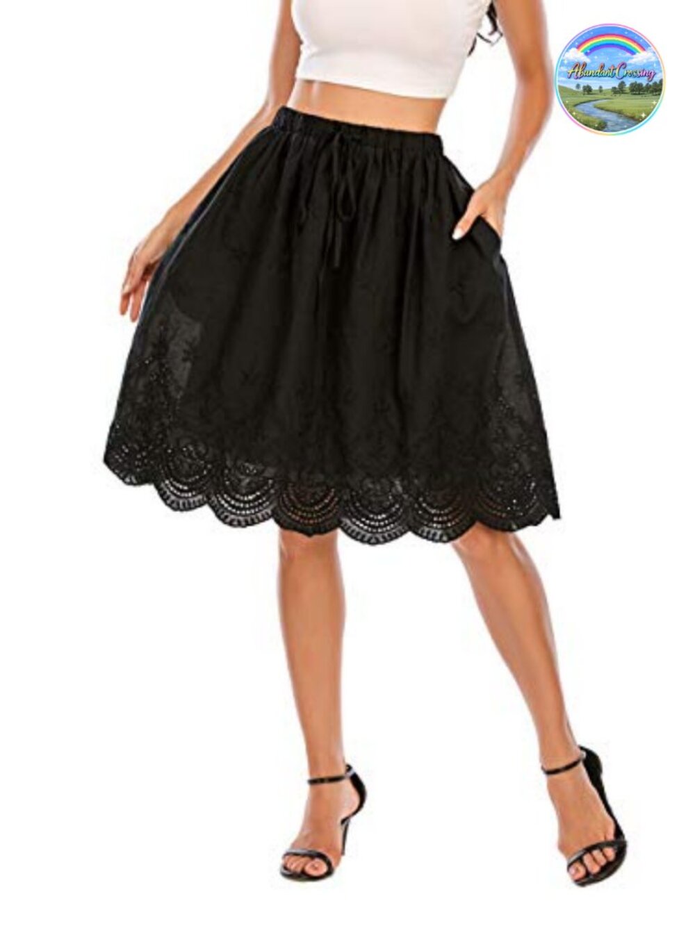 Womens Summer Cotton A-Line Flared Embroidered Knee Length Skirt with Pockets